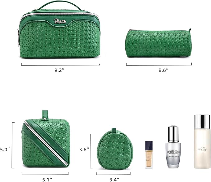 BOYATU Travel Makeup Bag Cosmetic Bags for Women: 3 Pcs Set Make up Bag | Large Capacity Waterproof Vegan Leather Organizer Bags with Compartments - Lay flat Toiletry with Handle (L38 Green)