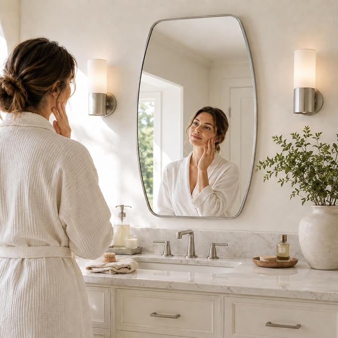 Brushed Nickel Curved Rectangle Bathroom Mirror, 24x36 Inch | Aluminum alloy frame, tempered glass, two-way keyhole mount, for bedroom, dresser, hallway