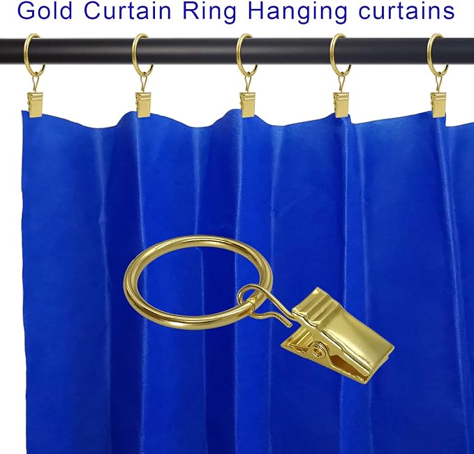 LLPJS 44 Pack Curtain Rings with Clips, Curtain Clip Rings Hooks, Bow Hanger Clips for Hanging Drapery Drapes Bows, Ring 1 inch Interior Diameter, Fits up to 5/8" Rod, Gold