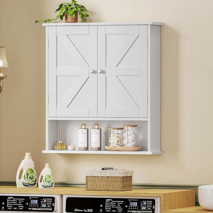 Bathroom Wall Cabinet, Bathroom Cabinet with Barn Doors & Adjustable Shelf, Over The Toilet Storage Cabinet, Medicine Cabinet, White UNGGX001WV1