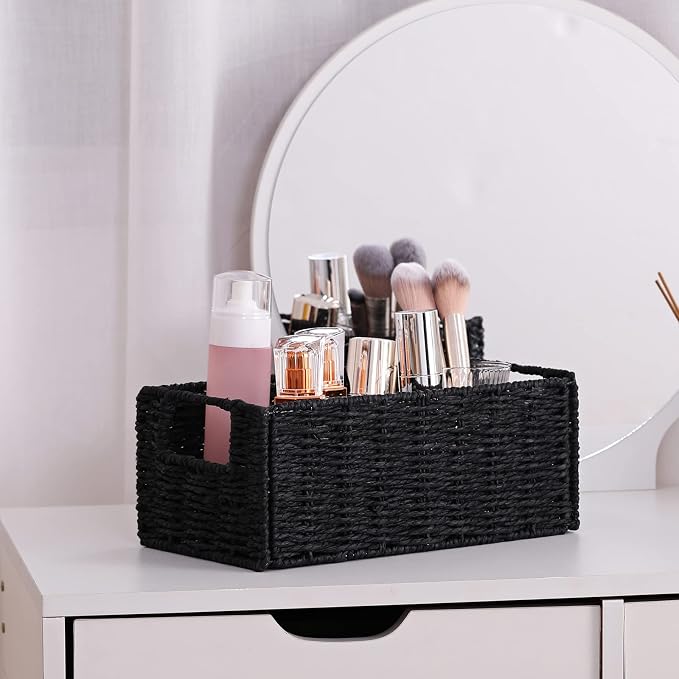 Wicker Storage Basket, Set of 2 Hand-Woven Paper Rope Wicker Basket, Small Storage Baskets for Organizing Toilet Paper Basket, Foldable Large Cube Storage Organizer Bins for Shelves (Black)