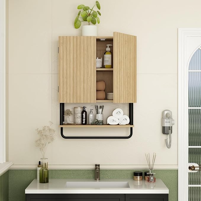RUSTOWN Fluted Bathroom Wall Cabinet with 2 Doors, 3-Tier Medicine Cabinet | Modern Farmhouse Wall Mounted Cabinets, Over The Toilet Storage Cabinet, Adjustable Shelf and Towel Bar, Medium