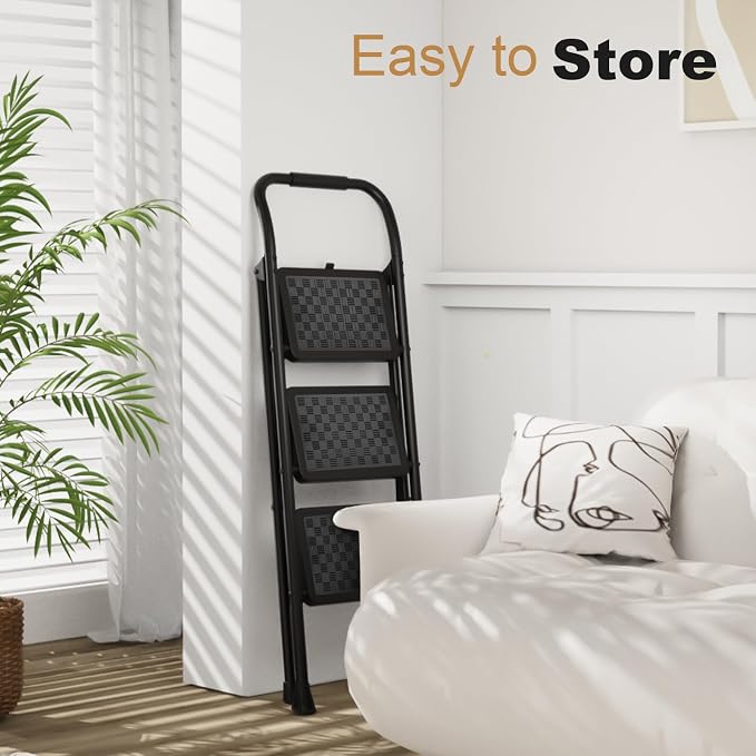 HBTower 3 Step Ladder, Step Stool Foldable for Adults | Wide Anti-Slip Pedal, Lightweight 3 Step Ladders for Home, Black