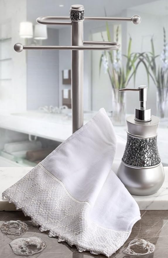 Crackled Glass Silver Free Standing Countertop Fingertip Towel Holder Stand | Unibody Resin Towel Rack For Bathroom or Kitchen Counter Top Decor