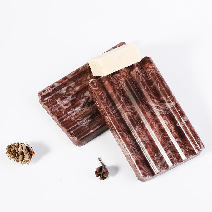 Natural Marble Soap Dish for Shower, Red Marble Soap Tray for Bathroom, Bar Soap Holder for Sink, Stripe Grooves Saver Stone Soap Dish Keep Soap Bars Dry Easy Clean(Red Storm)