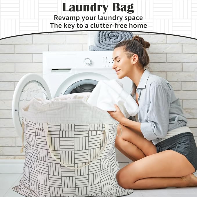 Canvas Laundry Bag with Handles & Drawstring 30"Wx35"H, L+ Geometry Grid | Thick Canvas Storage Bag, Large Heavy Duty Washable Dirty Clothes Travel Sack, for Camp, College Dorm, Laundromat