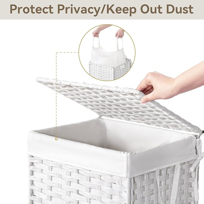 Chrislley Wicker Laundry Basket with Wheels,Rolling Laundry Hamper with Lid | 90L Slim Clothes Hamper with Wheels & Removable Liner Bag, Handwoven Rattan Laundry Organizer for Bedroom, Bathroom, White