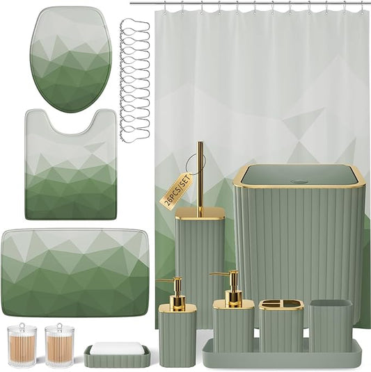 XLHOMO Bathroom Accessory Set - 26PC Bathroom Shower Curtain and Rug Set, Bathroom Accessories Set, Sage Green Bathroom Set with Trash Can, Toilet Brush, Qtip Holder & Soap Dispenser