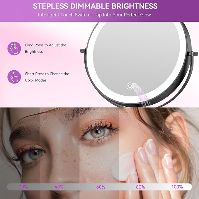Auxmir 9" 1X/30X Lighted Makeup Mirror, Rechargeable Maginfying Mirror | 3 dimmable colors, 14.9-18.5 in adjustable height, 3000mAh, 360°rotation, stable storage base, 30X magnification, Black