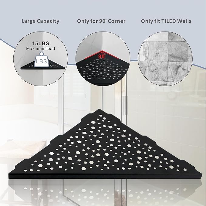 HIDROP Matte Black 10" Corner Shower Shelves for Tiled Walls, 2 Pack | Black Triangle Shower Shelf, 304 Stainless Steel Bathroom Corner Shelf, Fast Drainage,Embed into Tile Gap Shower Corner Shelf