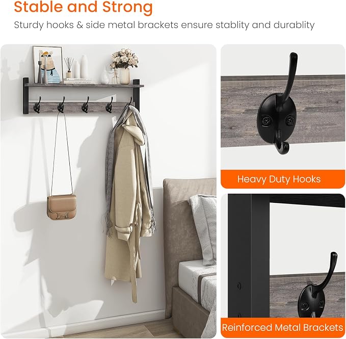 Wall Hooks With Shelf, 24 Inch Coat Rack Wall Mount for Entryway, Clothes, Backpack, Key, Purse - Floating Shelf Hanging in Bathroom, Bedroom, Hallway, Rustic Grey