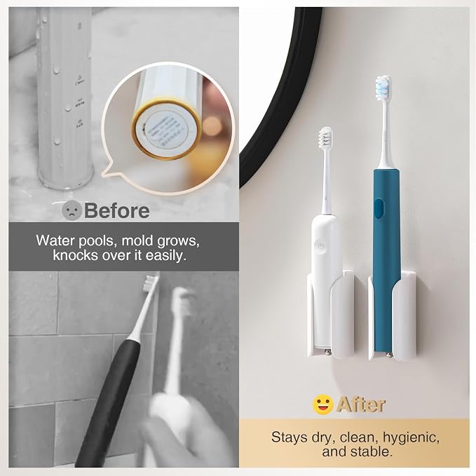 Electric Toothbrush Holder for Bathroom, Adhesive Toothbrush Stand | Compact Electric Toothbrush Organizer, Wall Mount for Mirrors/Tiles, White, Pack of 2