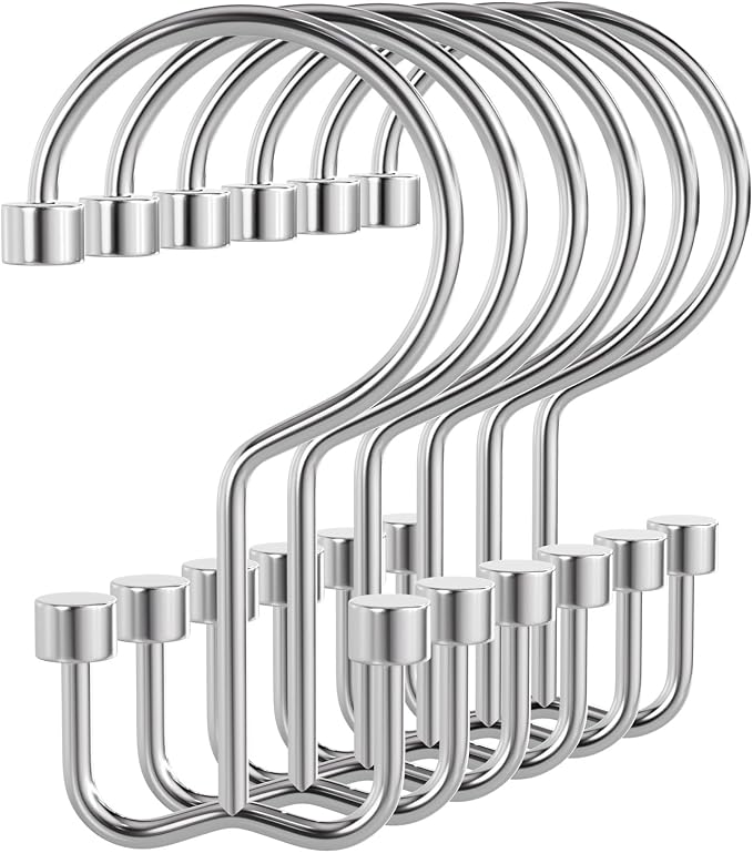 Bathway Shower Curtain Hooks Chrome Shower Curtain Rings, 12 Pcs Metal Double Hooks Rings Rust Proof for Bathroom Shower Curtain Rod