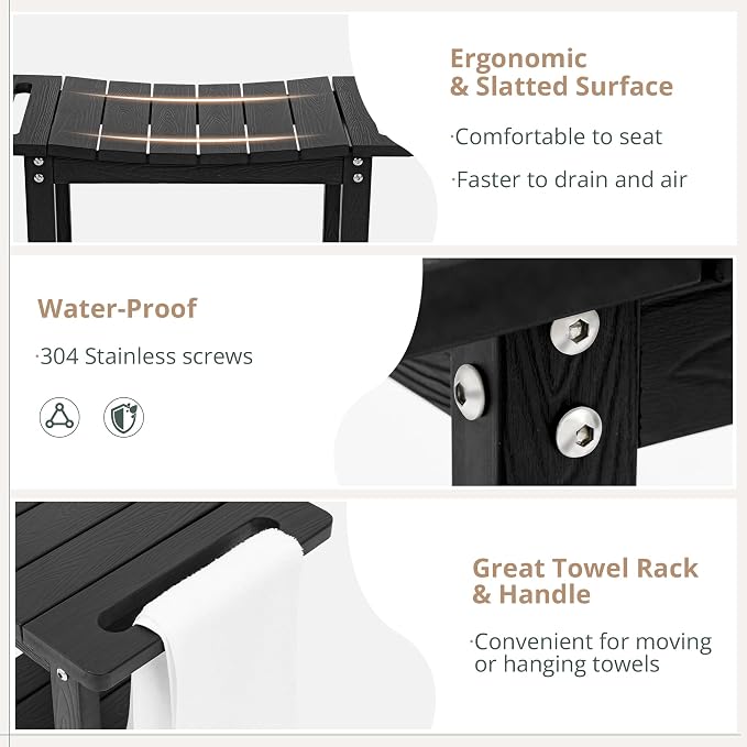 LUE BONA HDPS Shower Bench for Inside Shower, Black 23.6" Shower Stool for Shaving Legs with Shelf, Waterproof Shower Chair Seat for Bathroom, Weather Resistant/Non-Slip/Handles/Indoor or Outdoor Use