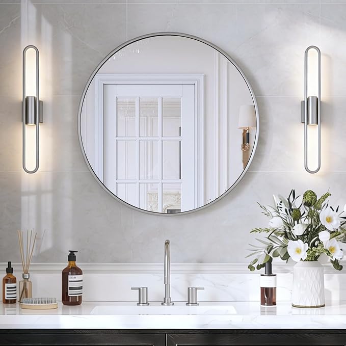 30 Inch Brushed Nickel Round Bathroom Mirror for Over Sink | Circle Mirror with Aluminum Frame, Wall Mirror for Vanity, Entryway, Living Room, Hallway and Bedroom Decor
