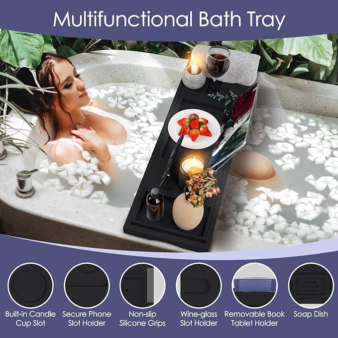 Foldable Bathtub Tray Caddy with Soap Dish Adjustable 29.5-43''Black | Bamboo Bath Table Trays with Non-slip Pads, Wine Glass Holder, Adjustable Tablet Book Stand, Spa Bath Essentials Organizer