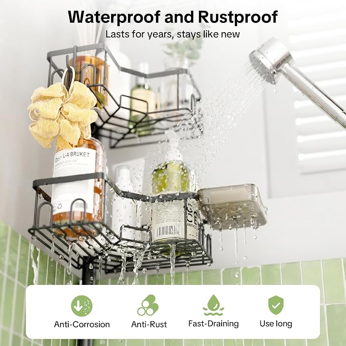 Corner Tension Pole Shower Caddy, 4 Tier Rustproof Shower Tension Rod Organizer with Soap Holder & Hooks, Adjustable 34-125 Inch Bathroom Shelf for Renters - Family Stand Storage Rack, Black