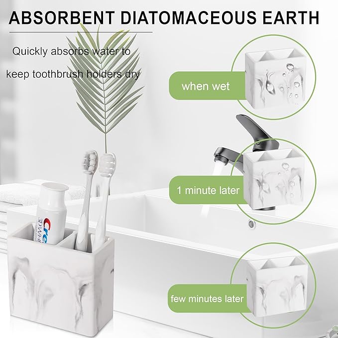 Diatomite Toothbrush Holder Toothpaste Organizer, Marble White | Quick Drying, Non-Slip, 2 Slots Kids Electric Tooth Brush Holder for Bathroom, for Countertop, Shower, Vanity