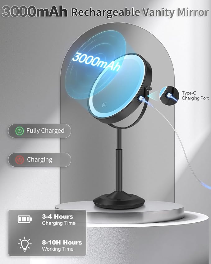 VFD 8'' 30X/1X Magnifying Makeup Mirror with Lights Height Adjustable | Lighted Vanity Mirror with 3 Color Adjustable Brightness, 3000mAh Rechargeable Double Sided Switch for Desk Women Gift