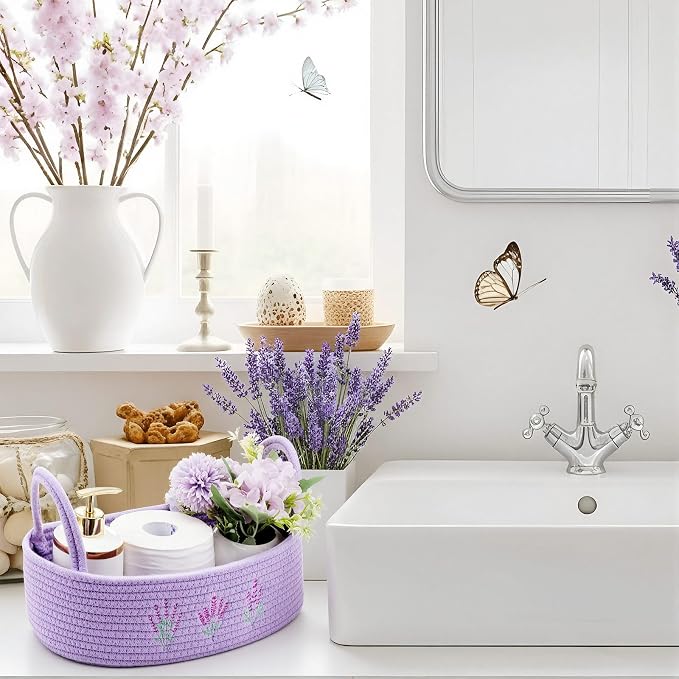 Vesici Purple Lavender Basket for Toilet Woven Cotton Rope Bathroom Decor | Lavender Bathroom Organizer, Boho Bathroom Countertop Decor, Nursery Toy Bin, 13x6x4 Inch, Embroidered Style