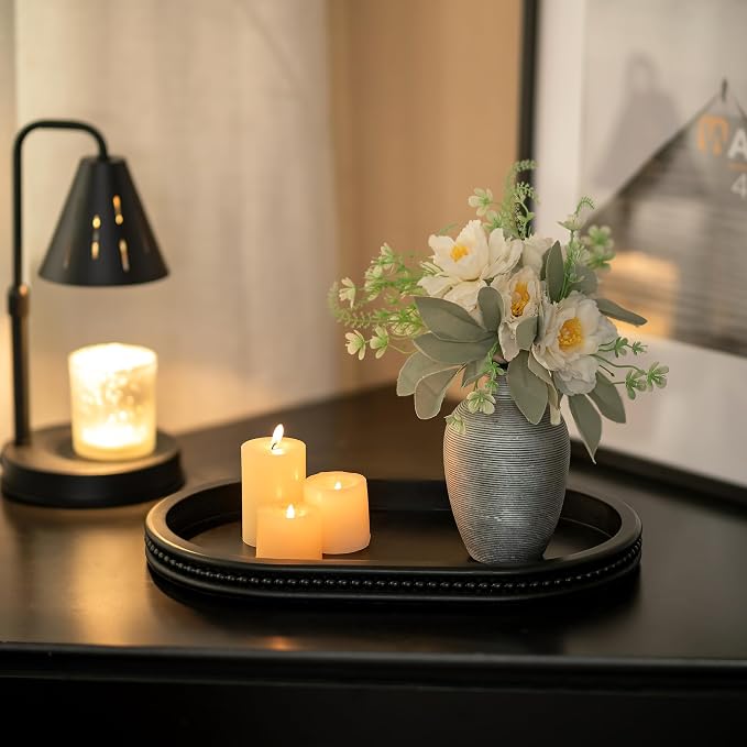 Hanobe Black Decorative Trays for Living Room Coffee Table, Beaded Edge | 15" Oval Wood Farmhouse Table Centerpiece for Kitchen Dining Entryway