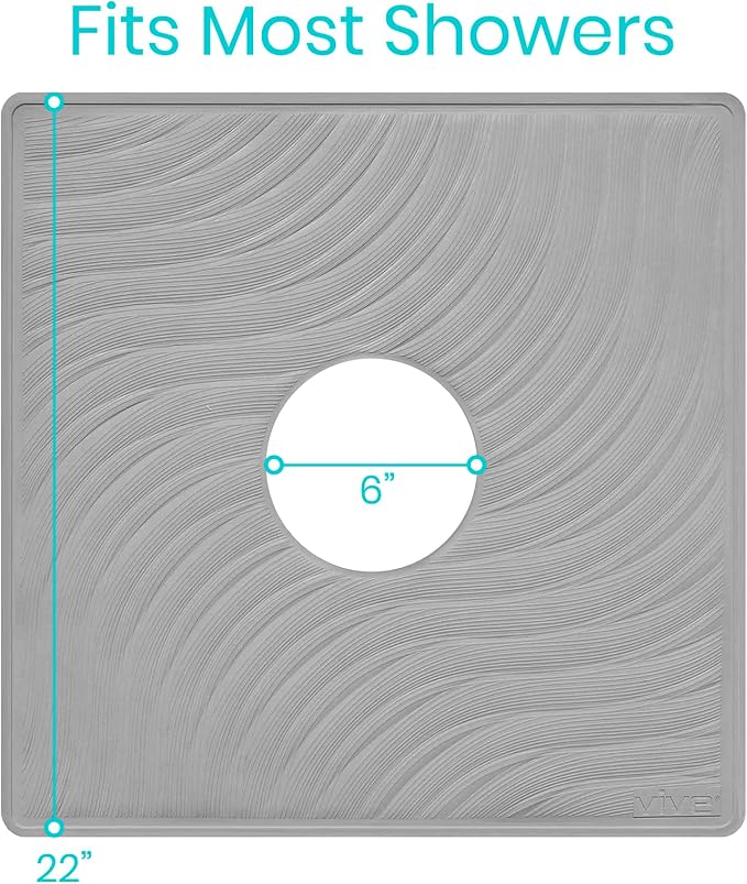 Vive Shower Mat - 22" by 22" Square Non Slip Large Bath Mat for Bathtub - Patented Design - Suction Cup Traction Skid Pad for Stalls Floors Tub - Textured Rubber with Drain Hole | Patented Design - Suction Cup Traction Skid Pad for Stalls Floors Tub - ...