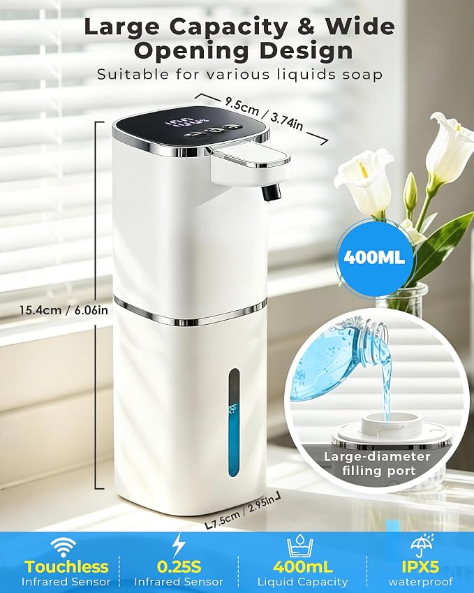 2 Pack Automatic Liquid Soap Dispenser, USB Rechargeable | , 13.5oz/400mL, 9-Adjustable Liquid Levels, IPX5 Waterproof, Touchless & Wall/Tabletop Use for Kitchen Bathroom, White