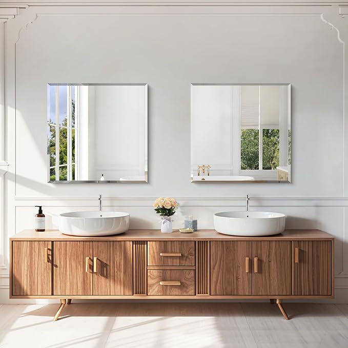 KOCUUY Beveled Mirror, 24x24 Inch Frameless Bathroom Mirror for Over Sink, Upgraded Shatterproof Unframed Mirror for Bathroom, Bedroom, Hang Horizontal/Vertical