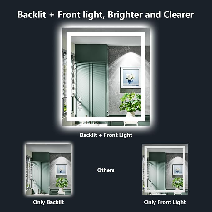 40x38 Inch LED Bathroom Mirror with Lights Front and Backlit Lighted Vanity Mirror for Bathroom Wall with 3 Colors Dimmable Anti-Fog Memory Shatter-Proof IP54 Waterproof Horizontal/Vertical