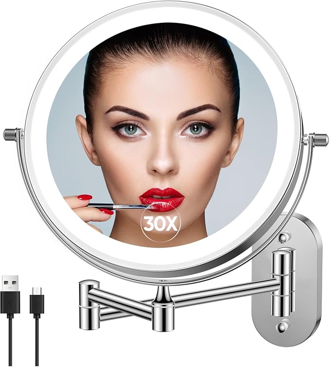 FUNTOUCH 5000mAh Rechargeable Wall Mounted Lighted Makeup Mirror 1X30X | Double Sided 1X 30X Magnifying, 3 Color Lighting, Touch Screen Dimming, Extended Arm 360 Rotation Shaving Bathroom Mirror