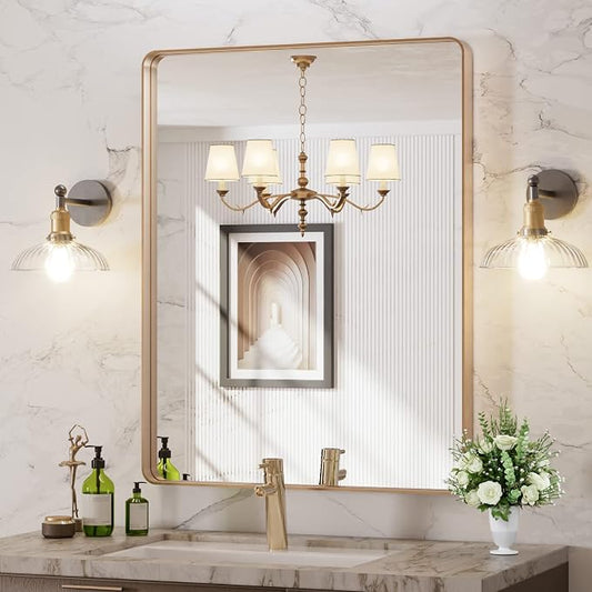 LOAAO 28"X36" Gold Bathroom Mirror | Rounded Rectangle, Brushed Gold Frame, Wall-Mounted, Anti-Rust, Hangs Horizontally or Vertically