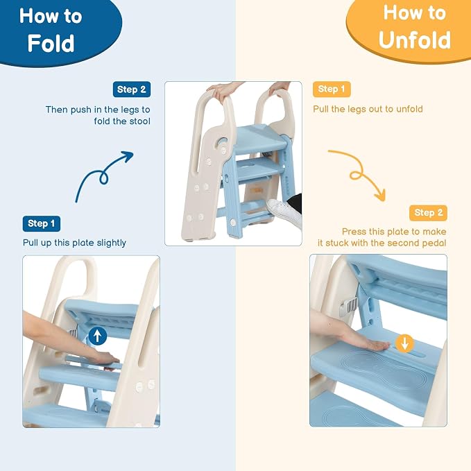 Foldable Toddler Step Stool for Bathroom Sink, Adjustable 3 Step Stool for Kids Toilet Potty Training Stool with Handles, Child Kitchen Counter Stool Helper, Plastic Ladder for Toddlers Blue