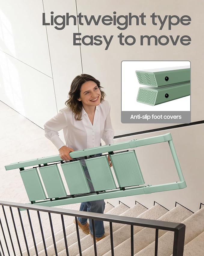 HillhutApex Aluminum 5 Step Ladder, Step Stool Foldable Ladder(Pale Green) | Stepladder with Handgrip,Anti-Slip Pedals,330lbs Capacity,Lightweight Portable Folding Ladder for Home,Office,Libaray