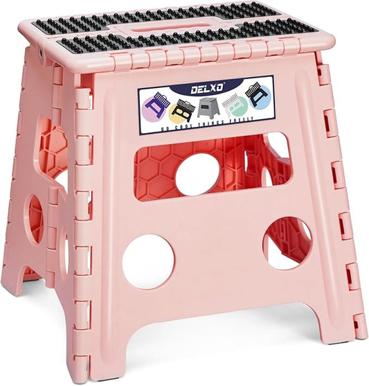 Delxo Folding Step Stool 13 Inch,300 Lbs Step Stool for Adults Pink | Foldable Step Stool 13",Non-Slip Foot Stools with Handle,Lightweight Collapsible stools for Kitchen,Bathroom,Bedroom,Garden