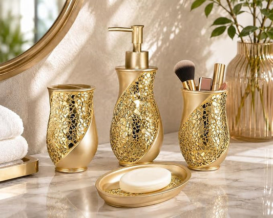 Zahari Home 4pc Sinatra Stylish Bathroom Accessories Set Champagne Gold Soap Dispenser Pump, Tumbler, Tooth Brush Holder and Soap Dish Modern Decor Bling Mosaic Glass Gold Bathroom Accessories