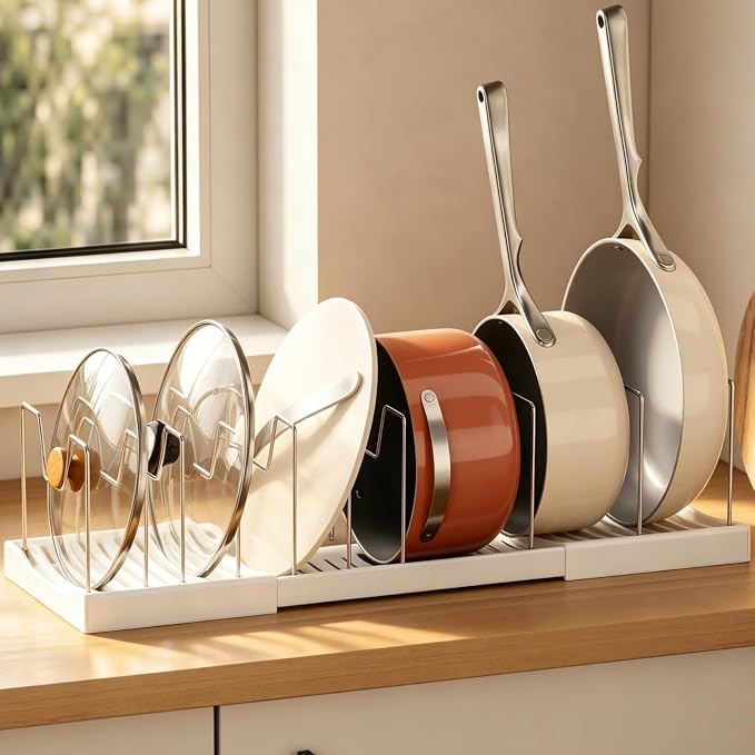 Magheo Pots and Pans Organizer Under Cabinet, Expandable 12.6"-22.8" Kitchen Cabinet Organizer Holder with 10 Adjustable Dividers for Food Storage Container Lid, Cookie Sheet, Cookware(1 Pack, White)