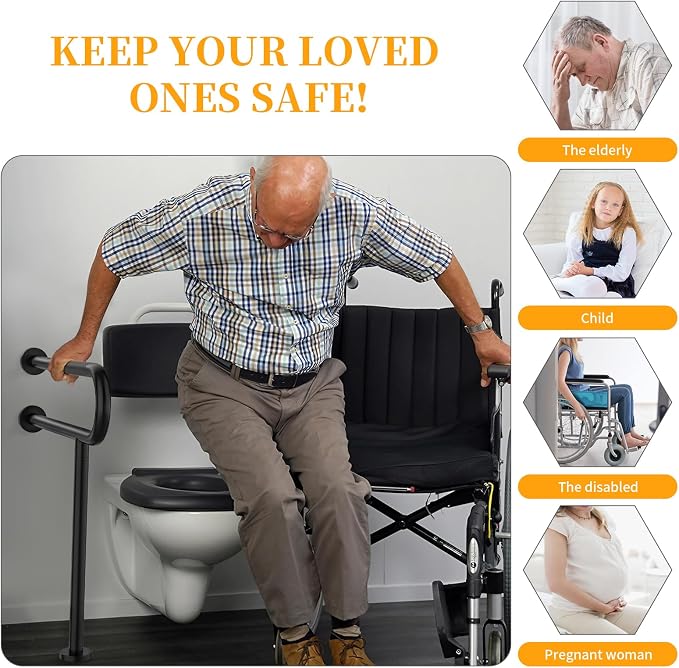 Toilet Grab Bar 32Inch with Leg, YuanDe Matte Black Wall Mounted Safety Bar | Stainless Steel Anti-Slip Bathroom Support Rail for Elderly Disabled Pregnant