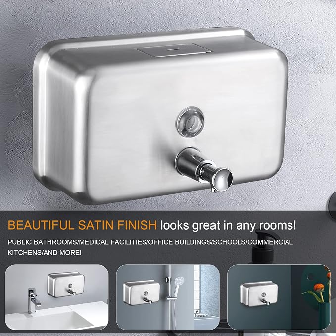Commercial Soap Dispenser Wall Mount Stainless Steel, Horizontal | Rust-Proof Lining and Anti-Leak Pump Liquid Hand 1100ml / 37oz.
