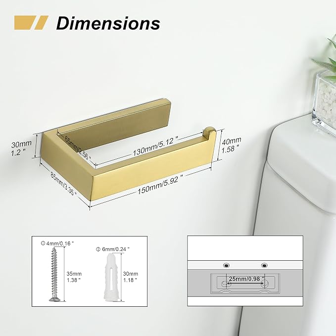 Sayayo Brushed Gold Toilet Paper Holder Wall Mount, Toilet Tissue Holder for Bathroom Tp Holder Square, SUS304 Stainless Steel
