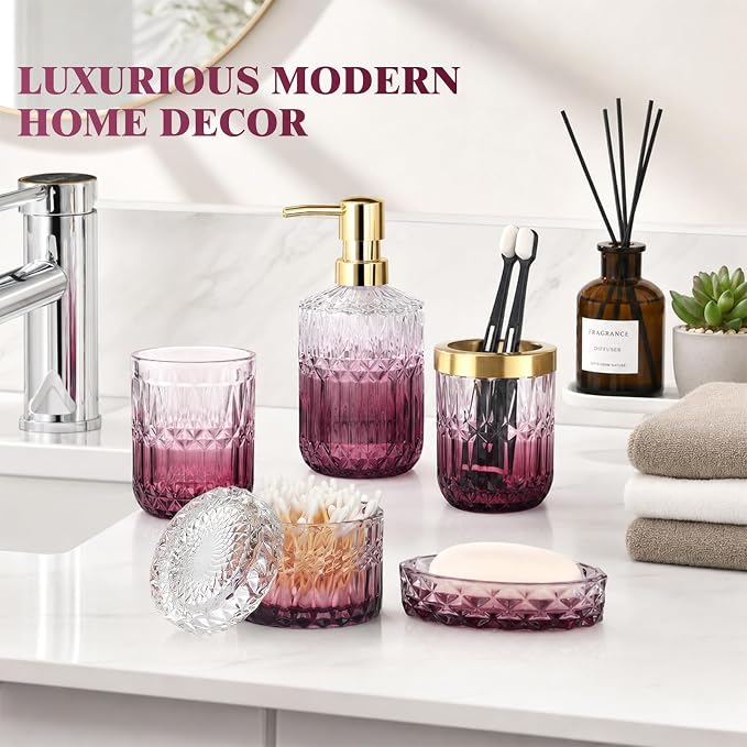 Bathroom Accessories Set, 5Pcs Bathroom Soap Dispenser Set, Glass Bathroom Accessories with Glass Soap Dispenser, Soap Dish, Toothbrush Holder, Tumbler, Cotton Swab Jar (Clear & Red)