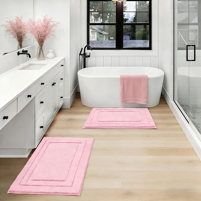 HOMEIDEAS Pink Bathroom Rug, 2 Piece Super Soft Microfiber and Absorbent Shower Mat, Machine Washable Bath Mats for Valentine's Day Decorations, 20" x 32" + 16" x 24"