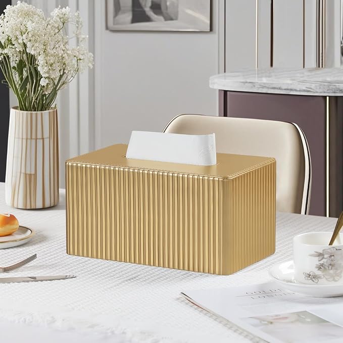 PU Leather Tissue Box Cover Rectangle, Tissue Box Holder Gold | Inner Height 4.7 Inches, Fits 180/230 Count Tissue Boxes, Non Slip Base, Rectangular Tissue Cover for Bathroom Nightstand
