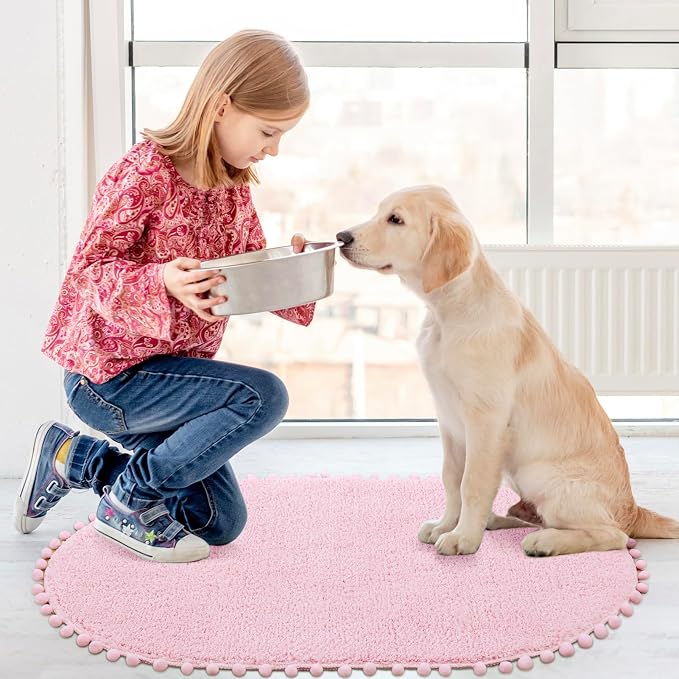 YIRDDEO Oval Rug for Bathroom, Cute Boho Bath Mat with Pom, Pink, 36"x24" | Soft Plush, Absorbent, Quick Dry, Machine Washable, Non Slip Bath Mat for Bathroom Shower Floor Home Decor