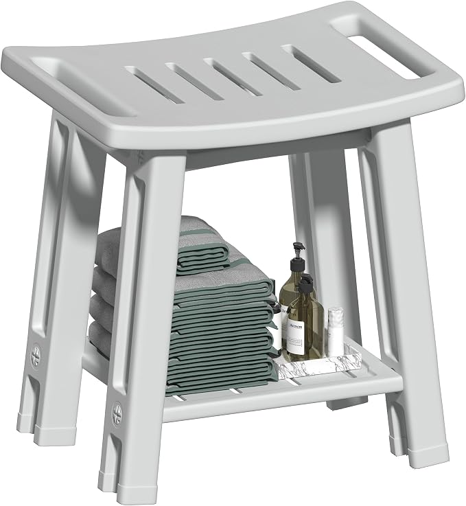 Shower Chair for Inside Shower, Shower Stool with Anti-Slip Foot Covers hold 400 lbs, HDPE Bath Seat with Bottom Storage Rack & Portable Armrest, Bench Chair for Adults, Elderly & Disabled, Light Gray