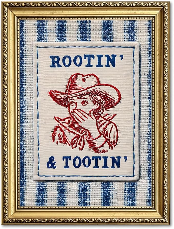 Funny Cowgirl Bathroom Wall Art Cute Western Cowboy Wall Decor Picture Vintage Rustic Rootin And Tootin Striped Restroom Poster Canvas Painting Print 12x16 inch Gold Framed