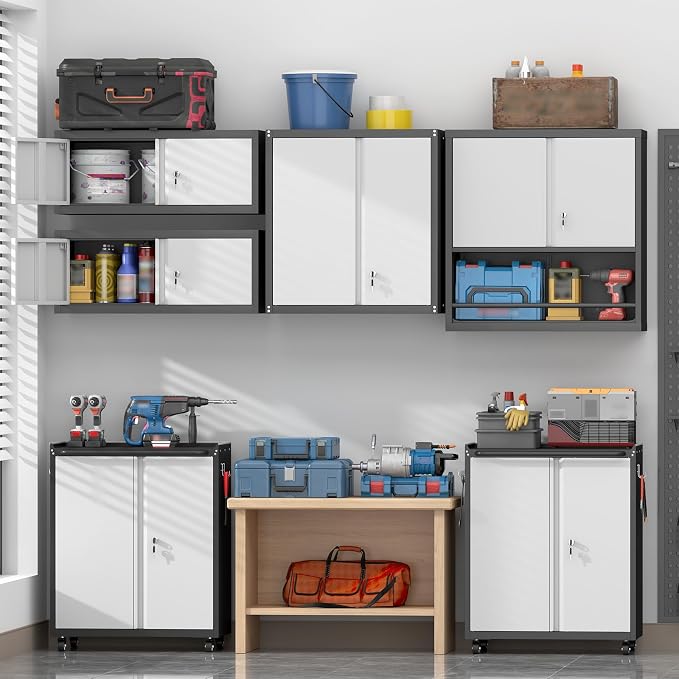 Metal Wall Cabinet with Doors,Garage Storage Cabinet Wall Mounted,Lockable Cabinets for Home Office,Garage,Warehouse,Grey-Black
