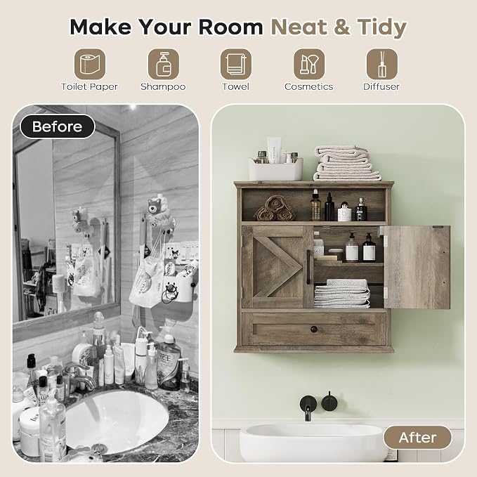 Bathroom Wall Cabinet, Wall Mounted Medicine Cabinet 24.4"H x 23.6"W x 9"D | With Drawer, Barn Doors & Adjustable Shelf, Grey Over Toilet Farmhouse Storage Cabinet for Kitchen, Laundry Room, Entryway