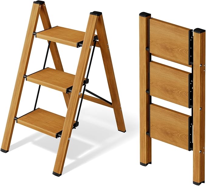 Mayi Plus 3 Step Stool Foldable, Aluminum, Lightweight Step Ladder | Extra-wide anti-slip folding steps with 330 lbs, for home,kitchen,office,outdoor,Woodgrain