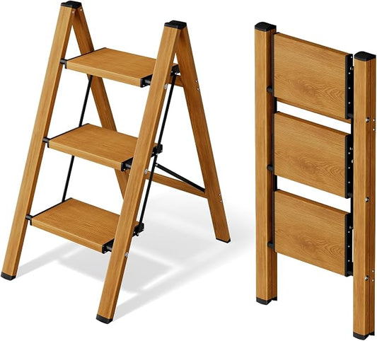 Mayi Plus 3 Step Stool Foldable, Aluminum, Lightweight Step Ladder | Extra-wide anti-slip folding steps with 330 lbs, for home,kitchen,office,outdoor,Woodgrain