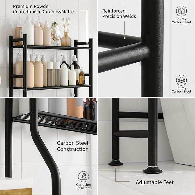 GloTika 3-Tier Over Toilet Storage, Anti-Tilt, 64" H, Black, 2 Baskets | Anti-Tilt Safety System, 150lb Capacity, Carbon Steel, Freestanding, No Drilling, Anti-Rust Coating, Paper Holder & 4 Hooks